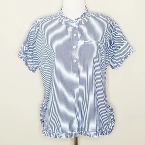 J. Crew Blue & White Pinstripe Ruffle Blouse 0 - Picture 7 of 7